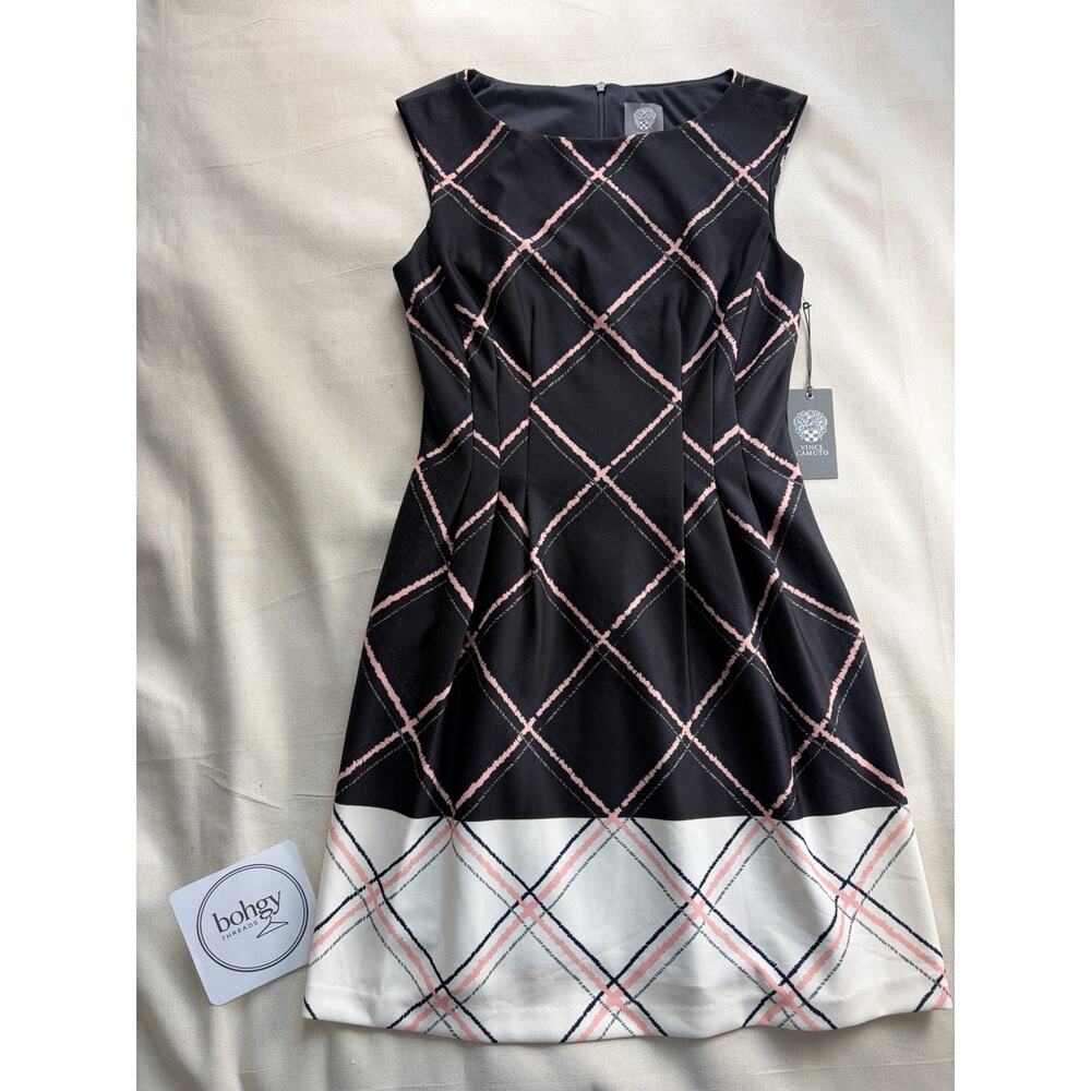 Vince Camuto Dress 4 NWT Black Pink Plaid Windowpane Sheath Colorblock Sleeveles